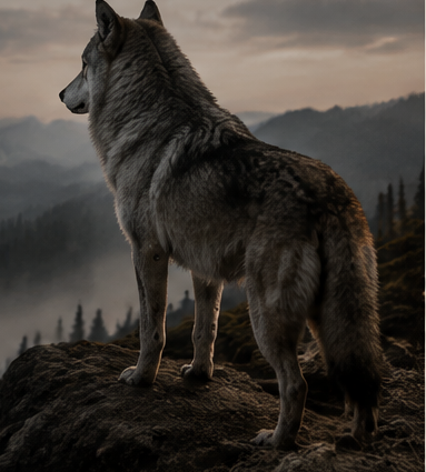 A wolf standing above a forest beneath a fading sky
